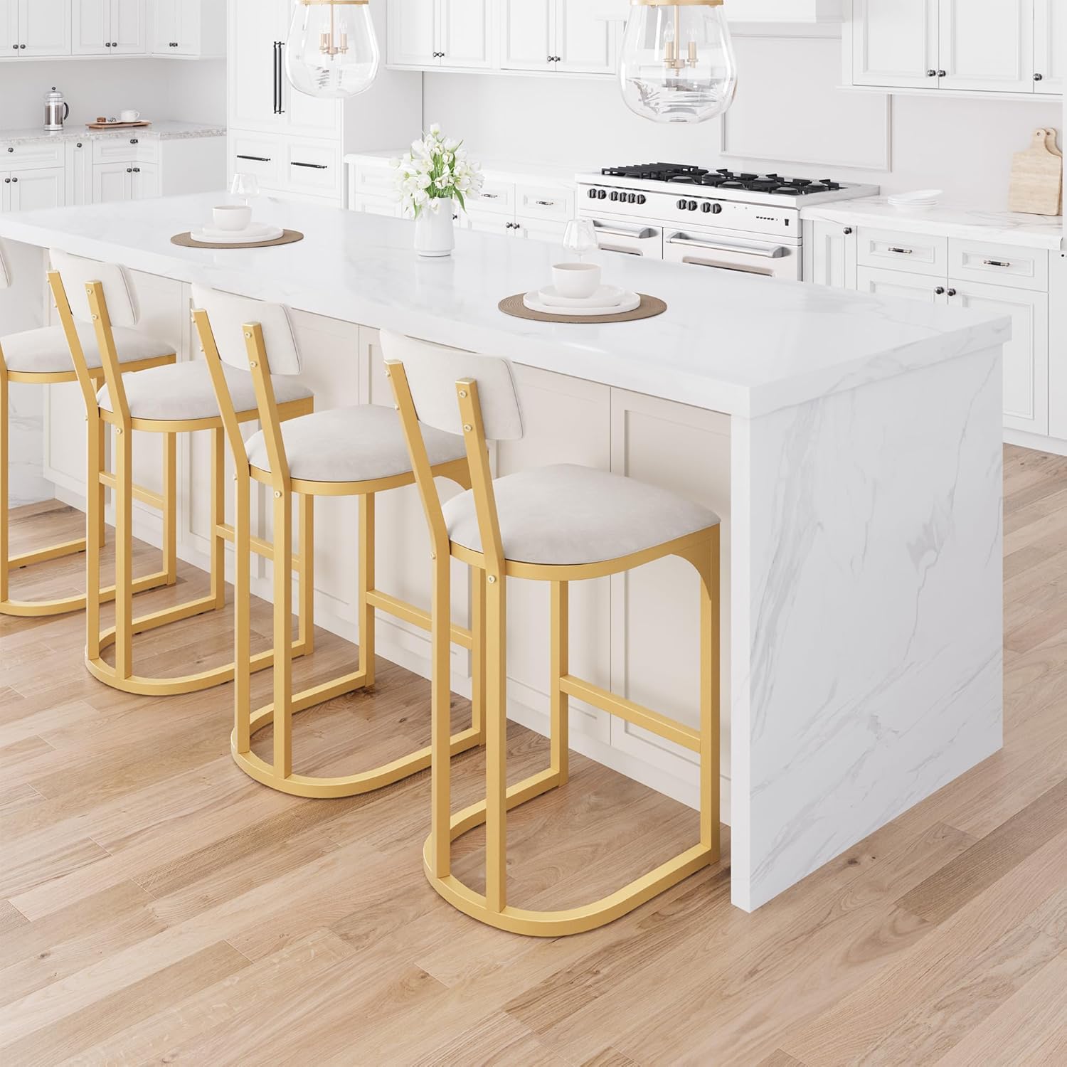 Garvee Bar Stools Set of 4, Counter Height Bar Stools for Kitchen Counter, Island Chairs for Dining Table, Modern Tall Barstools with Back, Metal Counter Stools with Upholstered for Kitchen (Gold)