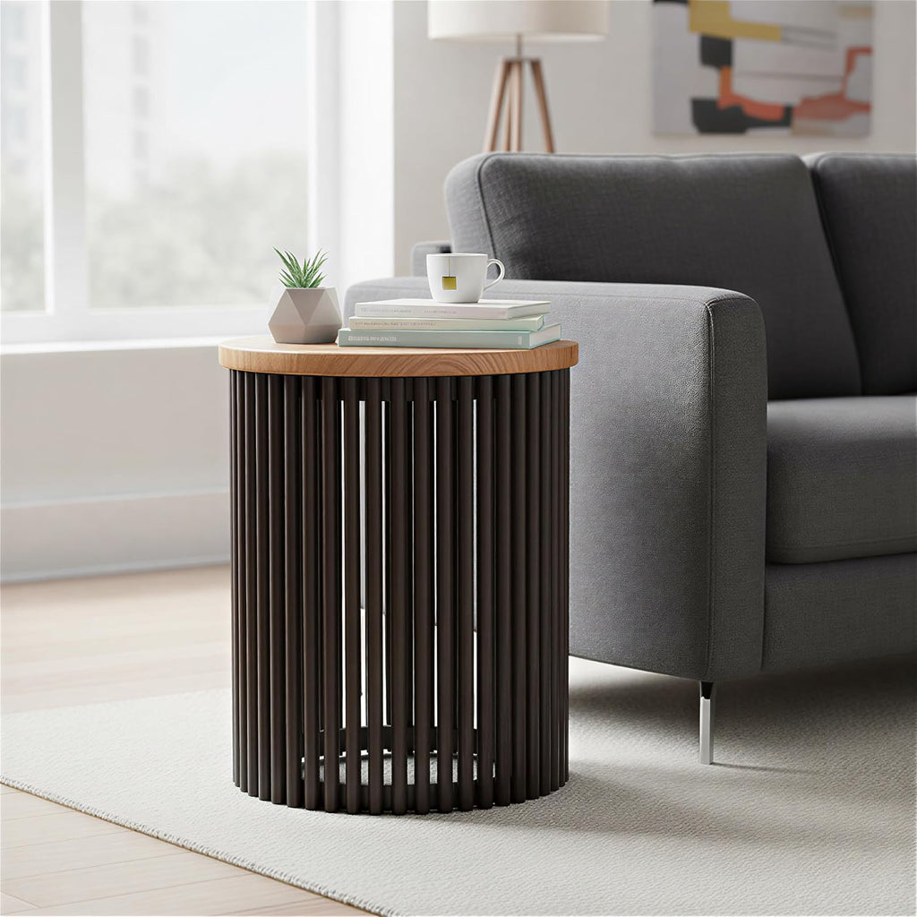 SIMPLIHOME Demy Accent Table - 18 inch Wide Solid Mango Wood and Metal Round Side Table in Earthtone/Ebony, Modern End Table for Living Room or Bedroom with Slatted Base Design, Assembled