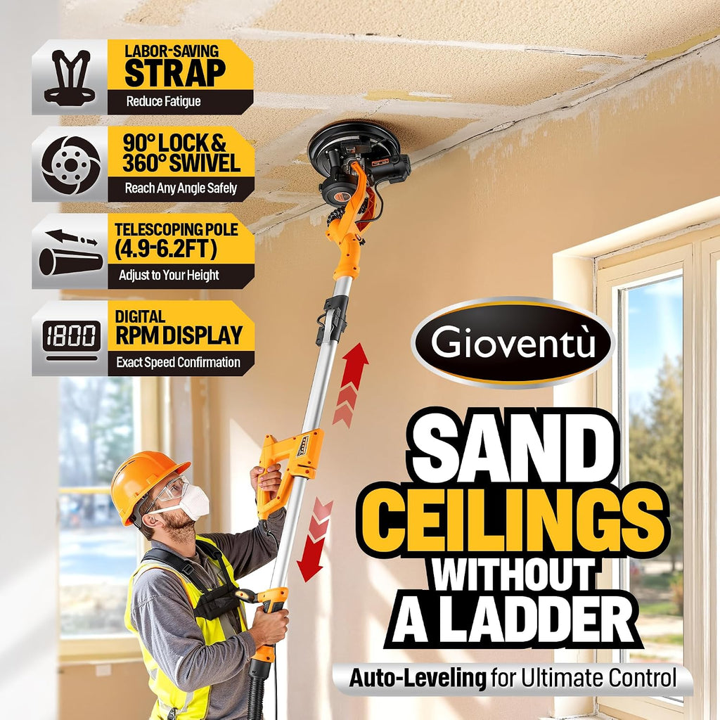 Electric Drywall Sander, 950W Drywall Power Sander with Vacuum Dust Collector, 9 Variable Speed 800-2100RPM, LED Light, Dustless Wall Sander for Drywall, Popcorn Ceiling, Corner etc