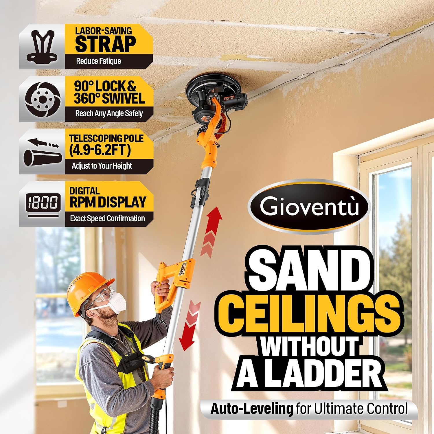 Electric Drywall Sander, 950W Drywall Power Sander with Vacuum Dust Collector, 9 Variable Speed 800-2100RPM, LED Light, Dustless Wall Sander for Drywall, Popcorn Ceiling, Corner etc