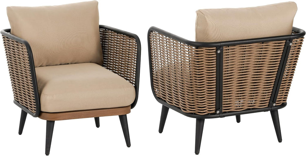 Christopher Knight Home Xayah Patio Wicker Accent Chair Set of 2, Outdoor Lounge Chair with Water-Resistant Cushion, Woven Faux Rattan Backrest & Armrest, Sturdy Metal Frame Armchair, Brown + Khaki