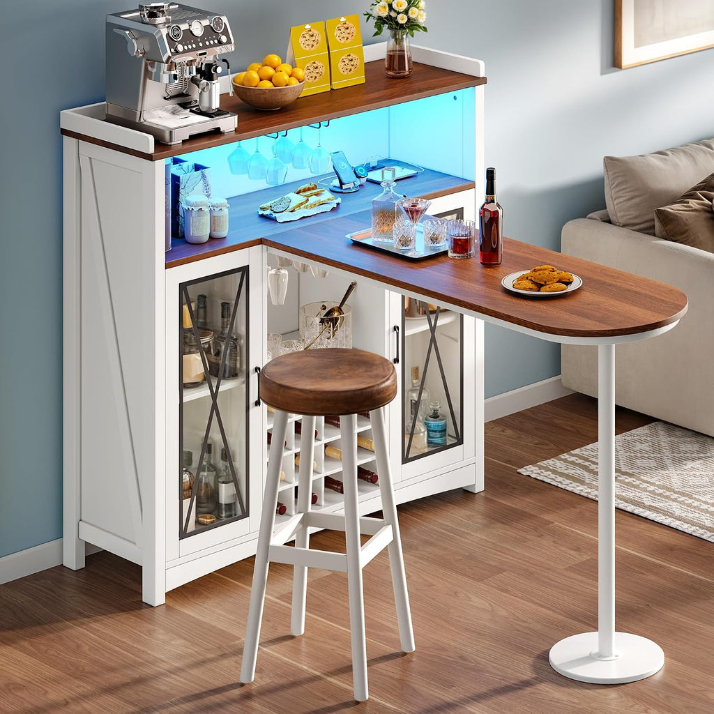 YITAHOME Mini Bar Unit for Home with LED Light & Wine Bar Cabinet, Large Tall Height Bar Table with Wine Rack, Farmhouse Coffee Station with Storage Glasses Hanger for Kitchen Pub, Walnut & White