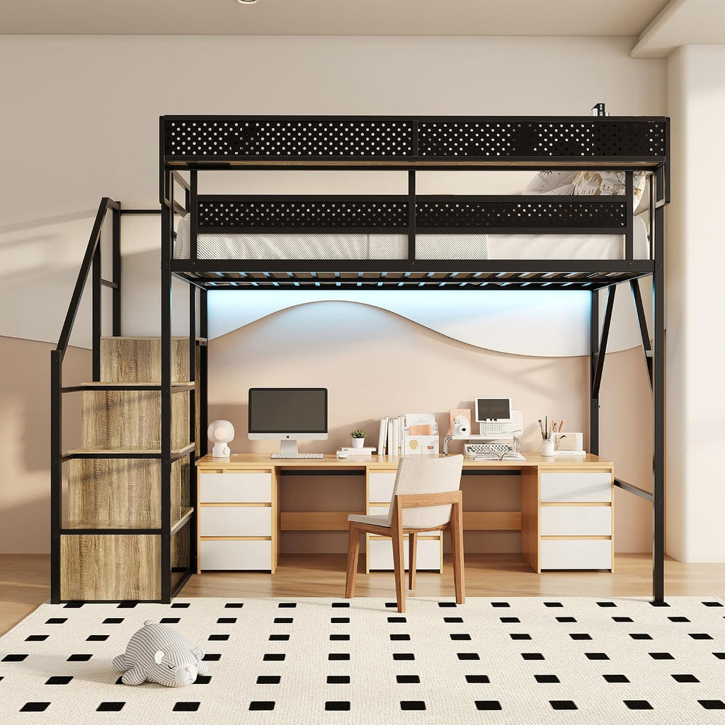 Full Size Metal Loft Bed with Storage Stairs, Wardrobe & Charging Station | Storage Shelve,Convertible Staircase,LED Lights, Solid Wood Stairs, Safety Guardrail, Noise-Free, No Box Spring Needed