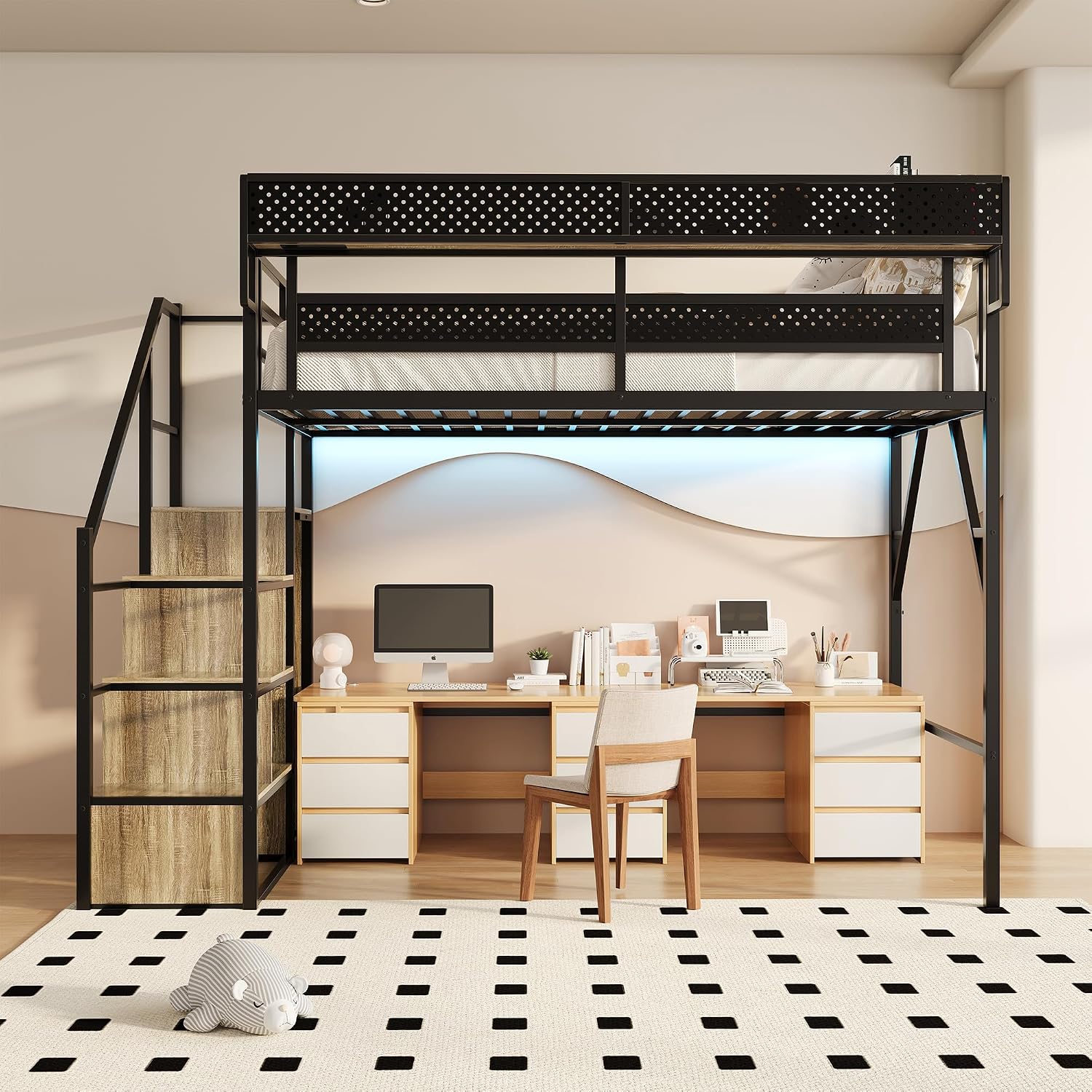 Full Size Metal Loft Bed with Storage Stairs, Wardrobe & Charging Station | Storage Shelve,Convertible Staircase,LED Lights, Solid Wood Stairs, Safety Guardrail, Noise-Free, No Box Spring Needed