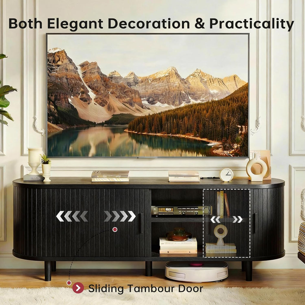 MXV 65' Mid-Century Modern TV Stand with Sliding Doors, TV Consoles with Power Outlet, Fluted Entertainment Center with Adjustable Shelves, for Living Room