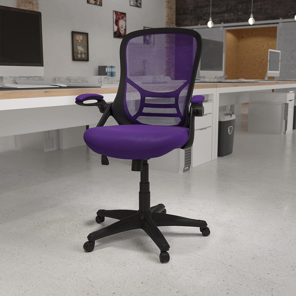Flash Furniture Porter High-Back Swivel Office Chair with Adjustable Lumbar Support and Seat Height, Ergonomic Mesh Desk Chair with Flip-Up Armrests, Purple/Black