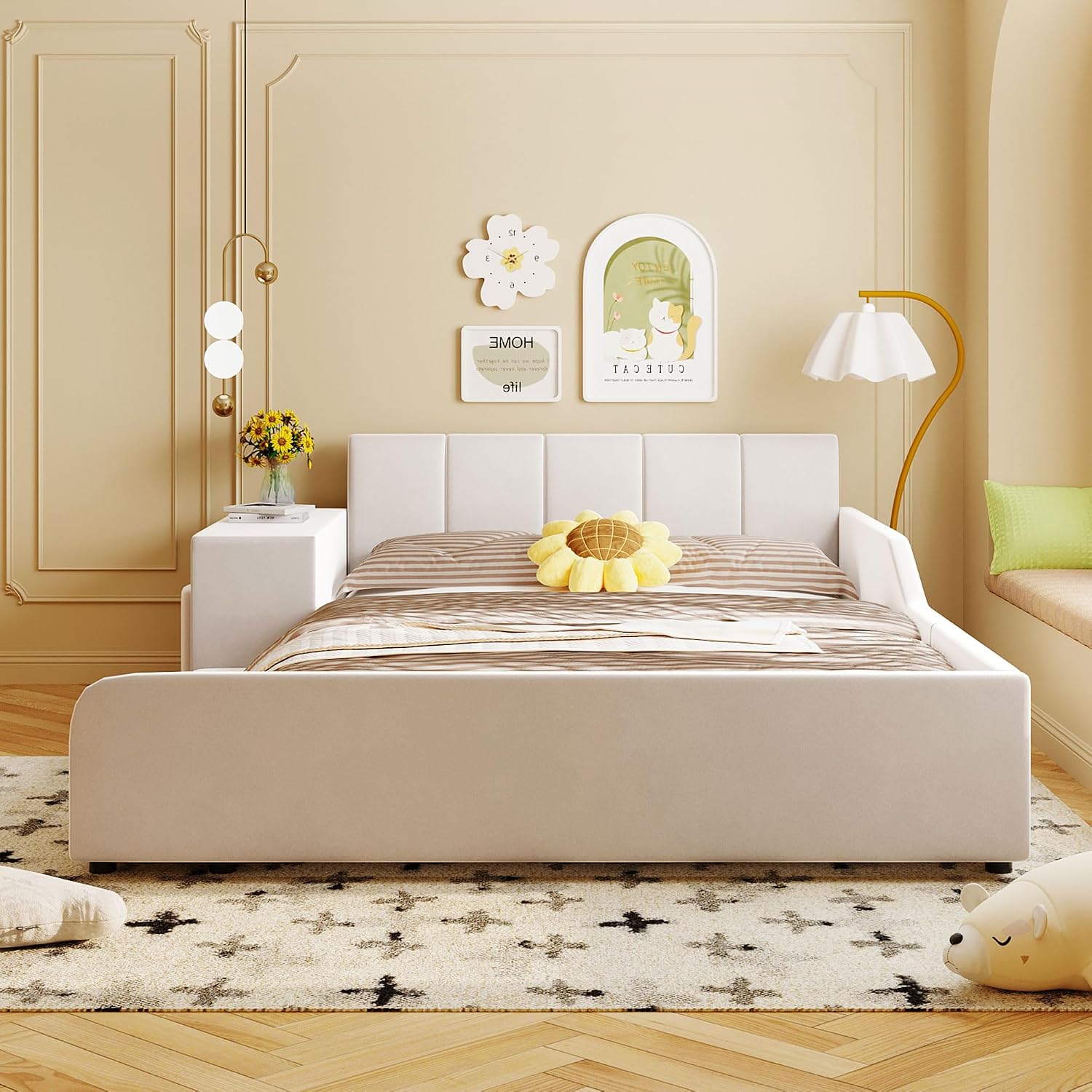 Merax Full Size Velvet Bed Frames Upholstered Grounded Bed, Wooden Mother & Child Bed with Bedside Desk and Little Round Stool,Kids Adults Bedroom Floor Platform Bed,Beige
