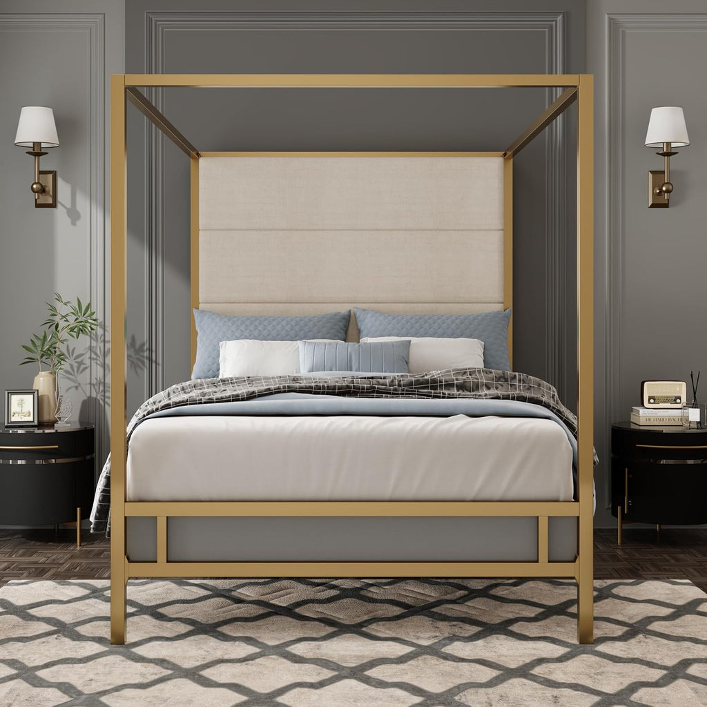 Merax King Size Gold Metal Canopy Bed Frame, Modern Upholstered Linen Headboard with Tall Back Support, 800 lbs Weight Capacity, Luxurious 4-Poster Bedroom Furniture for Modern Home, Gold+Tan