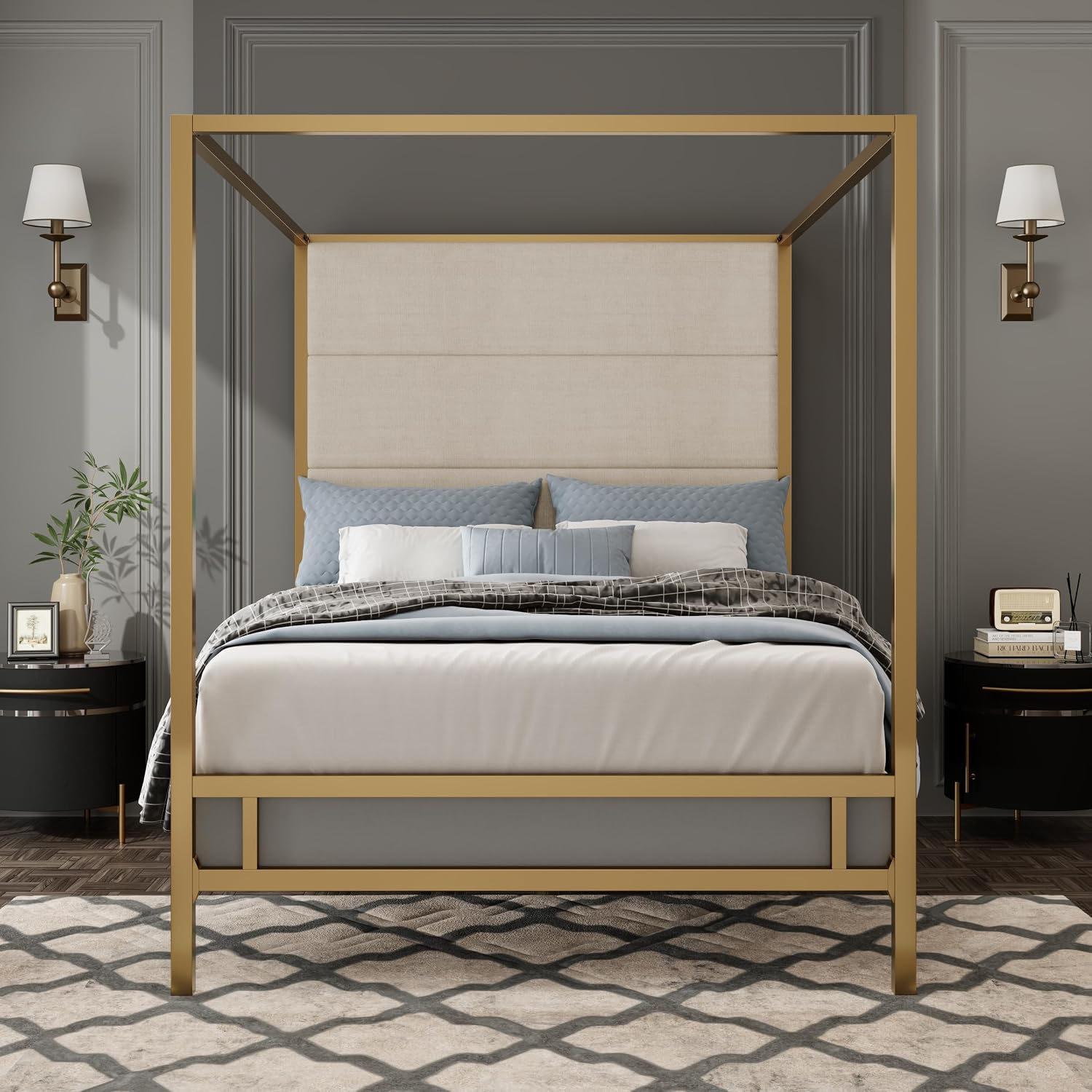 Merax King Size Gold Metal Canopy Bed Frame, Modern Upholstered Linen Headboard with Tall Back Support, 800 lbs Weight Capacity, Luxurious 4-Poster Bedroom Furniture for Modern Home, Gold+Tan