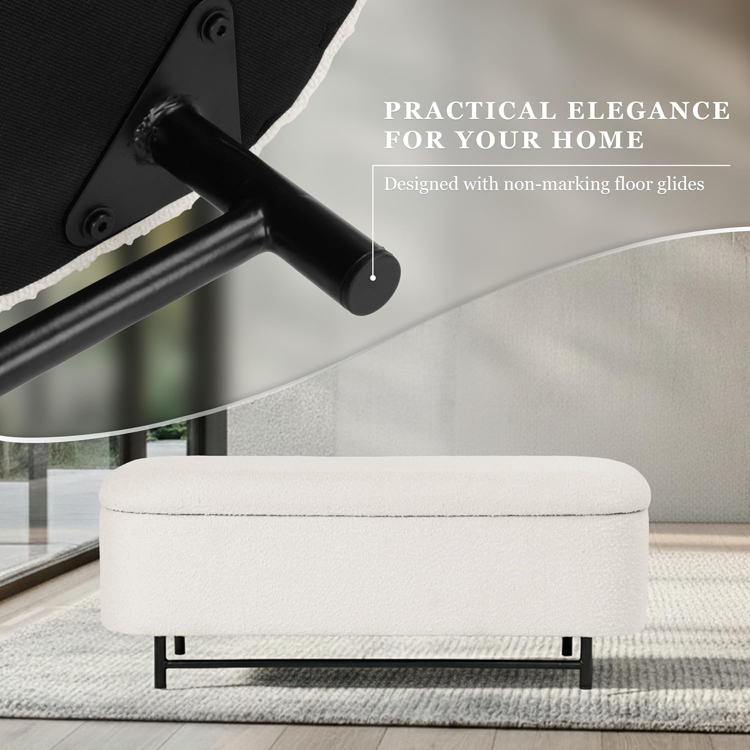 HomePop 46' Ellipse Storage Bench with Metal Legs - Cream Boucle