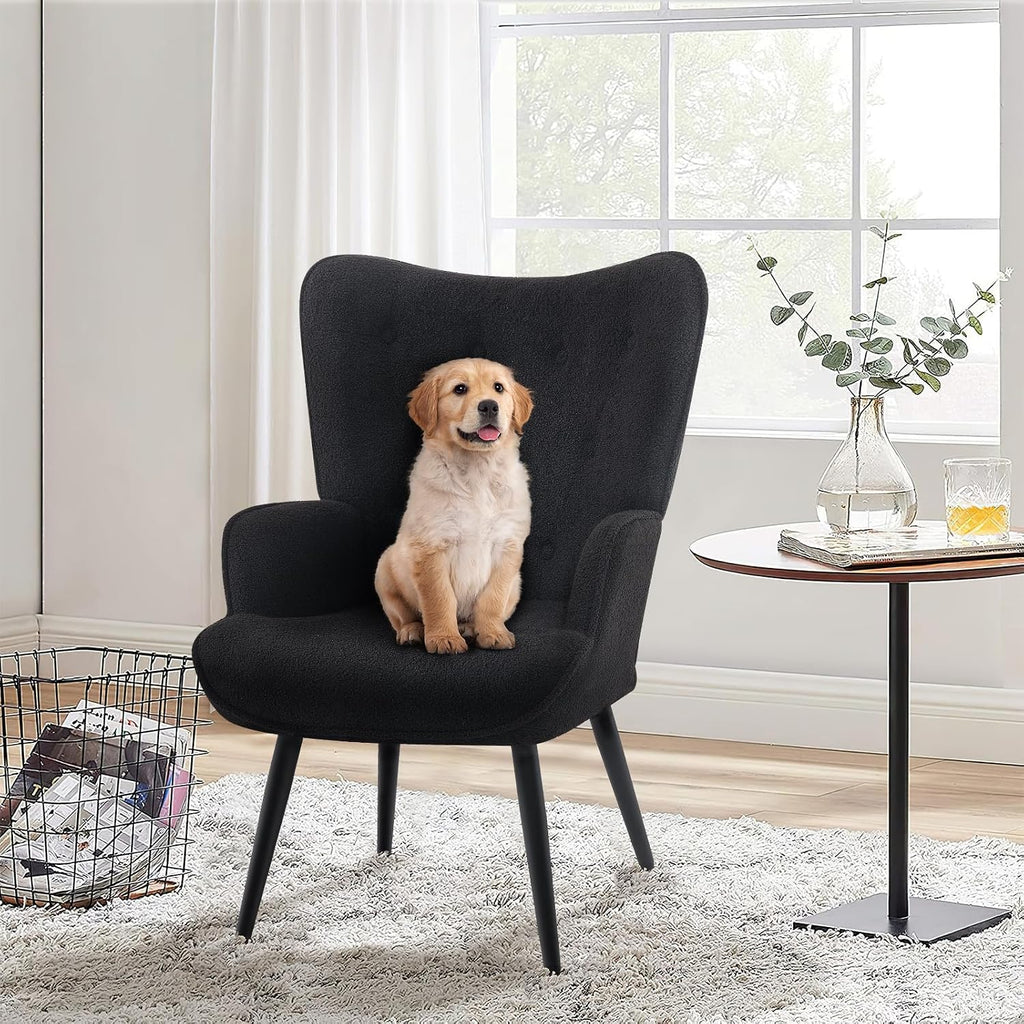 Furnimart Mid-Century Modern Accent Chairs Set of 2, Black Sherpa Wingback Reading Chairs with High Backrest, Armchair for Living Room, Bedroom, Waiting Room