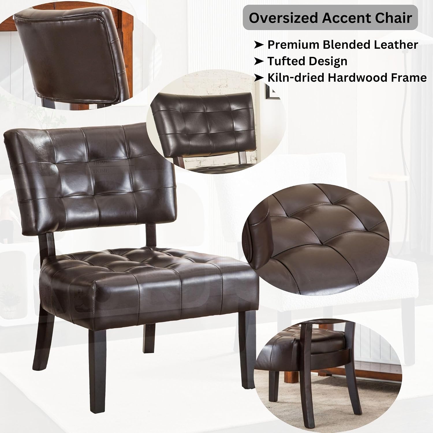 Roundhill Furniture Blended Leather Tufted Accent Chair with Oversized Seating, Brown