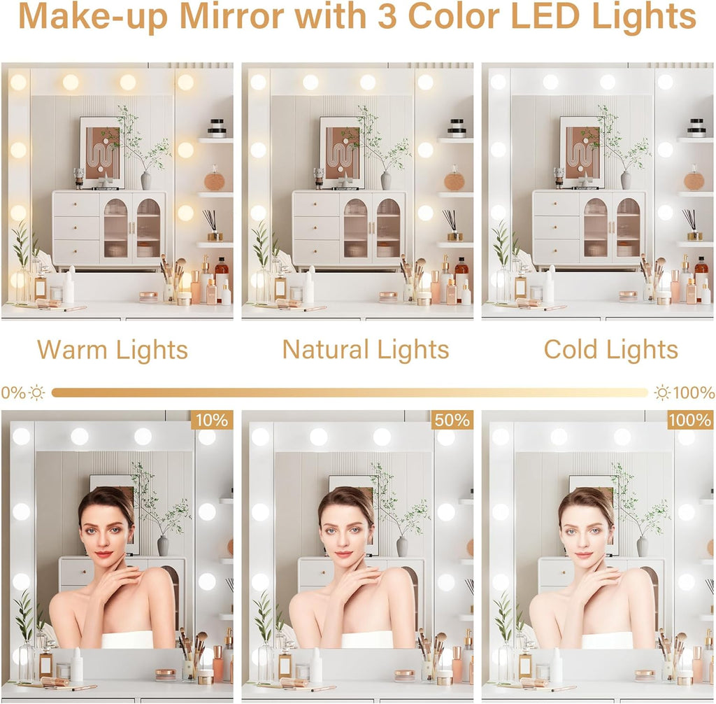 Modern Vanity Desk with HD Mirror and Lights, Makeup Table with 4 Drawers and Glass Cabinet, 3 Lighting Color Adjustable, Girls Dressing for Bedroom