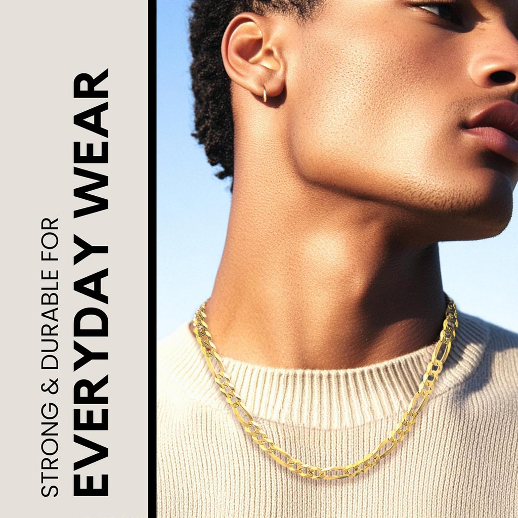 KISPER Men's 18K Gold Plated Sterling Silver Figaro Chain Necklace – 5mm Solid Italian Link with Lobster Clasp, Made in Italy