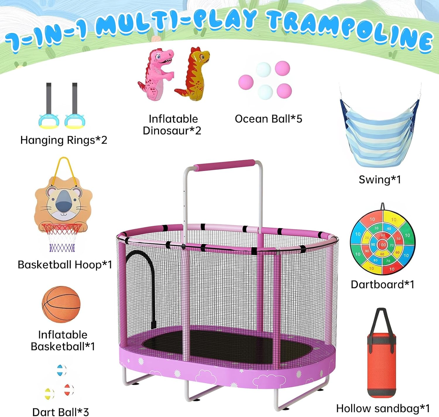 LAMERGE 55' 7-in-1 Round Trampoline for Kids Boys & Girls Ages 1-8, Indoor & Outdoor Trampoline for Fun, Adjustable Height Handrail ＆ Enclosed Safety Net ＆ Durable Designs for Toddlers Children