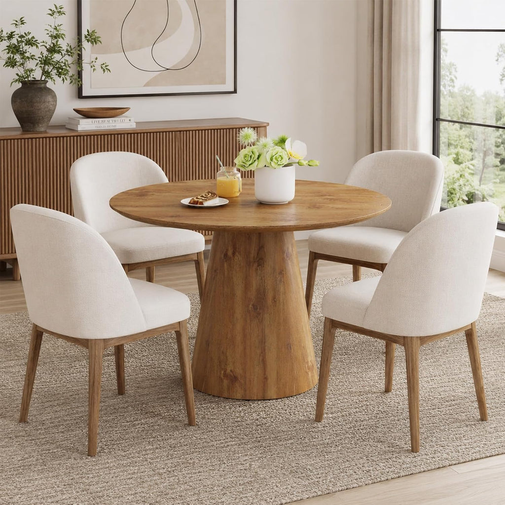45'' Round Dining Table, Small Round Dining Room Table, One-Piece Tabletop and Stable Pedestal Base, Mid Century Modern Wood Dinner Table for Kitchen Dining Room, Apartment