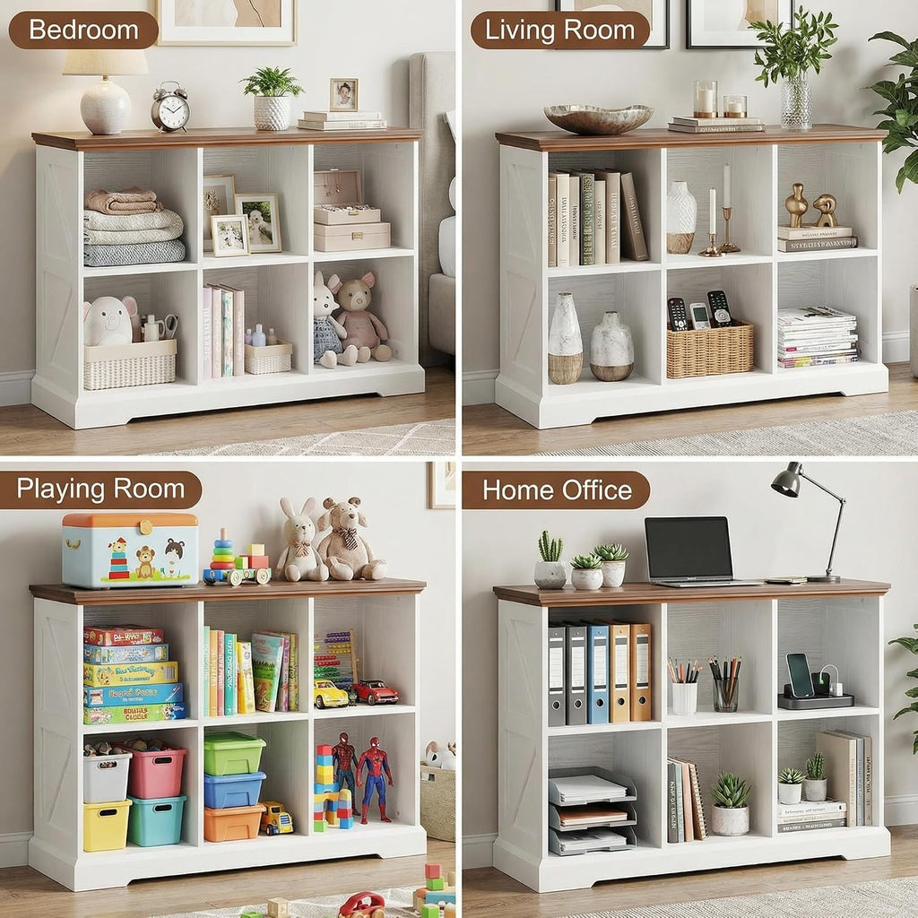 IRONCK 6 Cube Storage Organizer, Wooden Cube Shelf with Storage, Farmhouse Bookcase for Bedroom, Living Room and Home Office, White