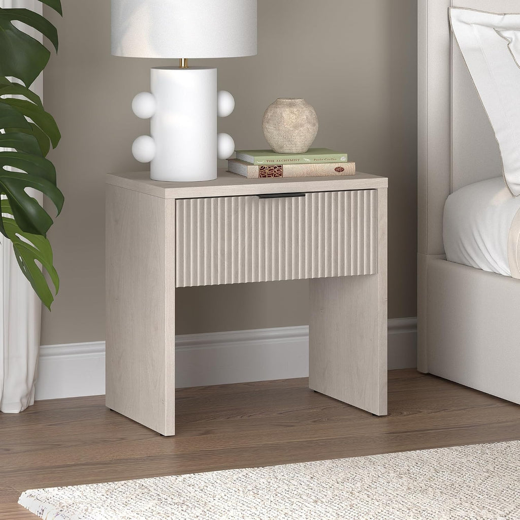 Henn&Hart 24' Fluted Modern Wooden Nightstand, Ribbed Side Table with Storage Drawer and Open Storage Space for Bedroom, Living Room, or Home Office, Beech White