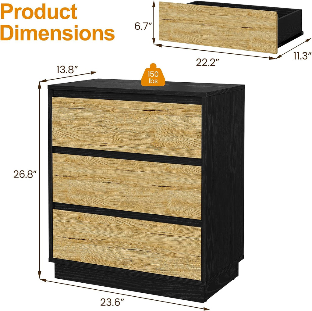 FansaFurn Wide Nightstand Set of 2, Black Nightstand for Bedroom, Large End Table with 3 Drawers, Bedside Table for Home Office, Black and Wood