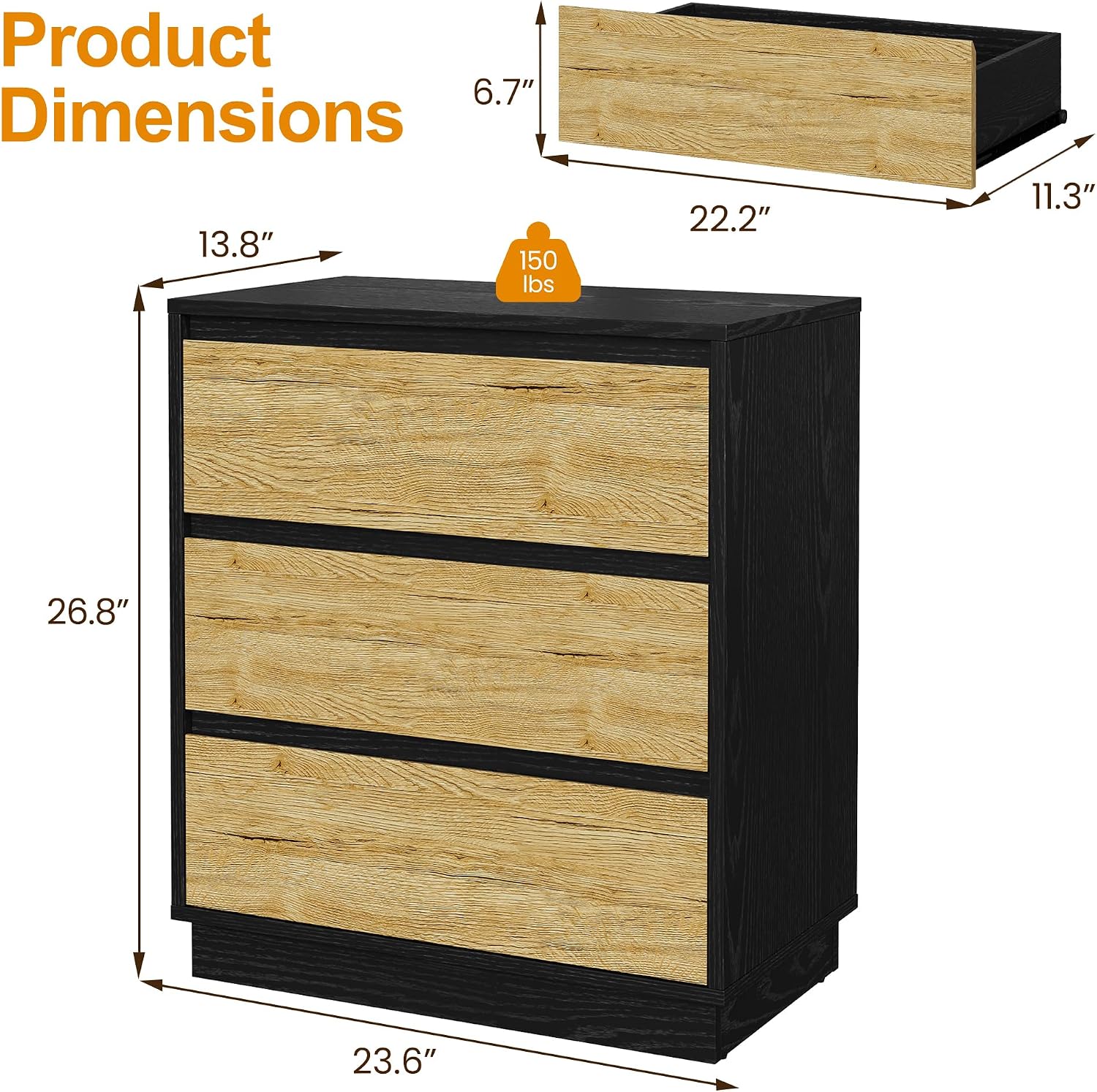 FansaFurn Wide Nightstand Set of 2, Black Nightstand for Bedroom, Large End Table with 3 Drawers, Bedside Table for Home Office, Black and Wood