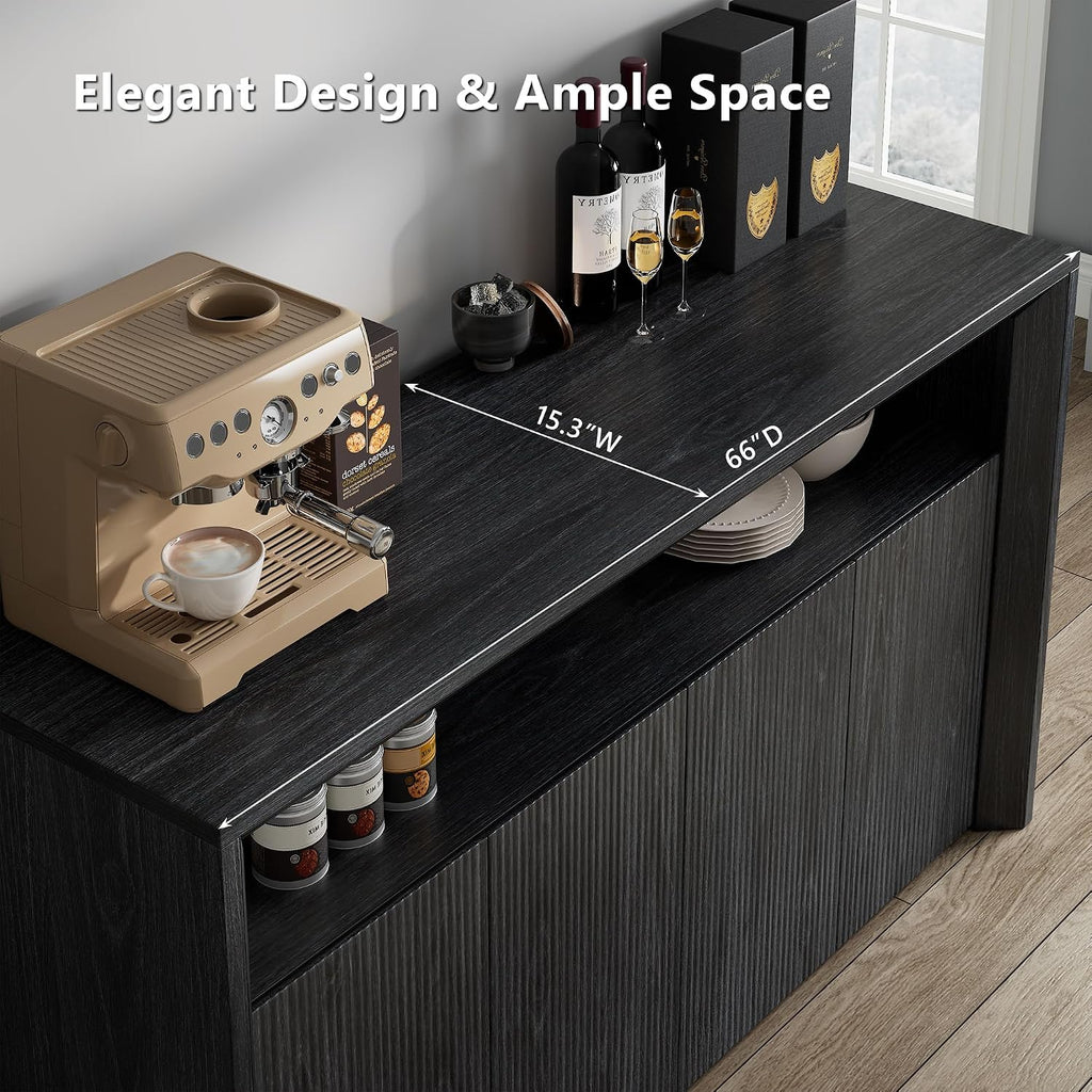 66.2' Buffet Cabinet with Storage and led Lights,Modern Sideboard Cabinet with 4 Doors & Shelves,Fluted Media Console Mid Century Coffee Bar Table for Living Room Kitchen Dining Room Hallway,Dark Grey