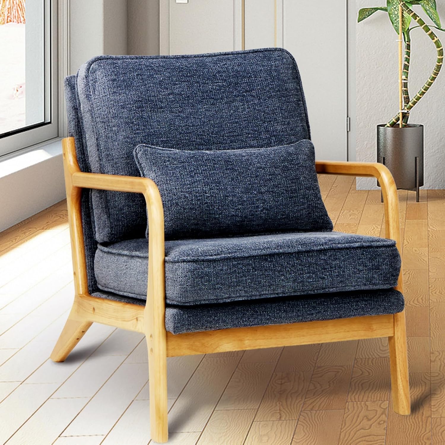 MALOL Modern Accent Chair Set of 2 with Lumbar Pillow, Relaxing Mid Century Chair Armchair with Solid Wood Frame & Soft Cushion, Reading Leisure Armchair for Living Room, Blue