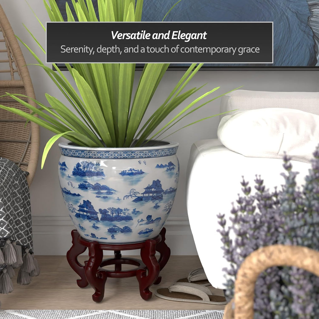 Red Lantern 16' Landscape Blue & White Porcelain Fishbowl Planter or Cachepot for Indoor/Outdoor Use in Garden Entryway Living Room Boho Eclectic Modern Contemporary Classic Traditional Style Decor