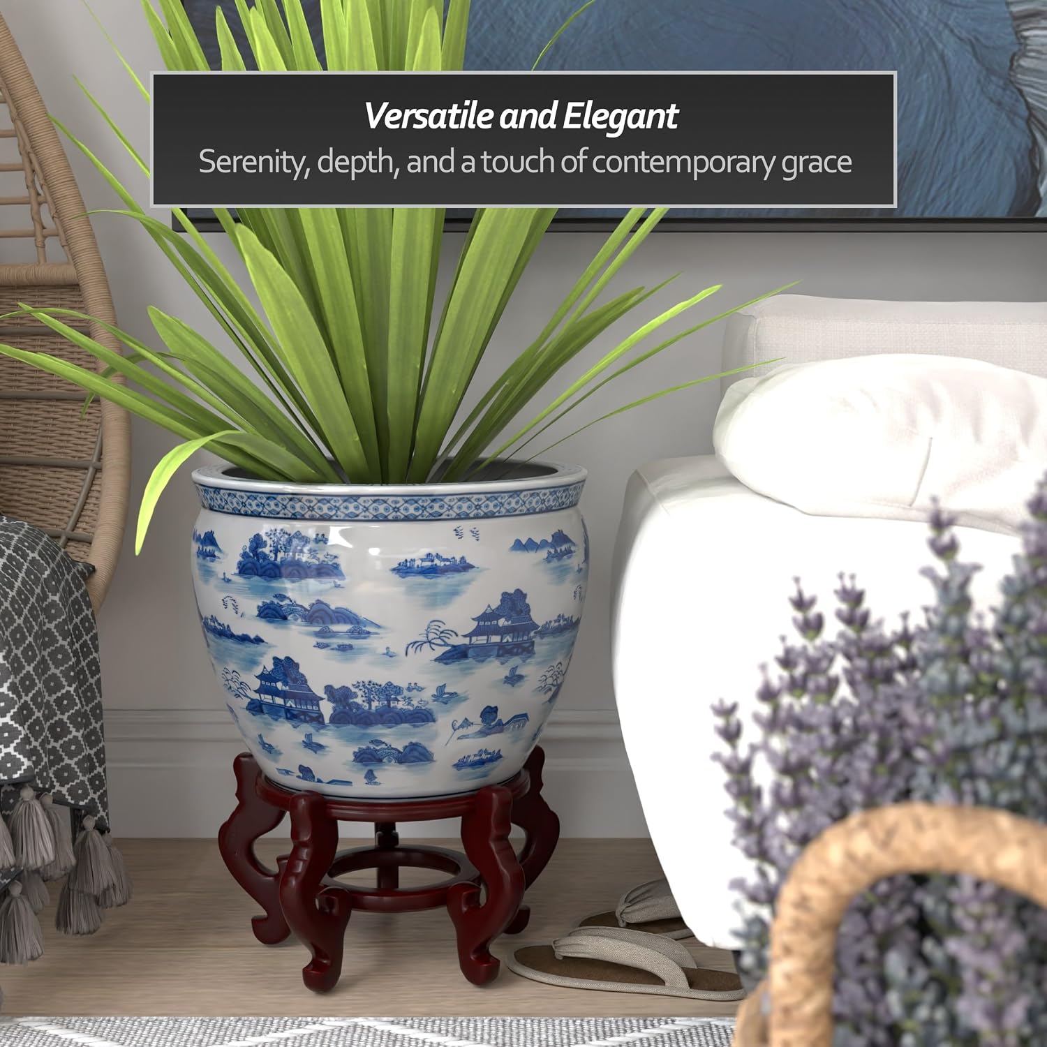 Red Lantern 16' Landscape Blue & White Porcelain Fishbowl Planter or Cachepot for Indoor/Outdoor Use in Garden Entryway Living Room Boho Eclectic Modern Contemporary Classic Traditional Style Decor