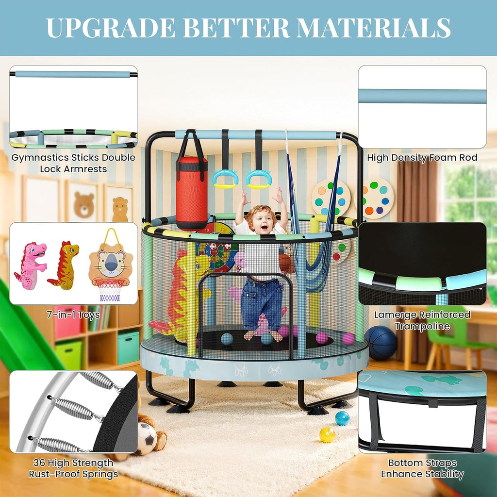 LAMERGE 55' 7-in-1 Round Trampoline for Kids Boys & Girls Ages 1-8, Indoor & Outdoor Trampoline for Fun, Adjustable Height Handrail ＆ Enclosed Safety Net ＆ Durable Designs for Toddlers Children