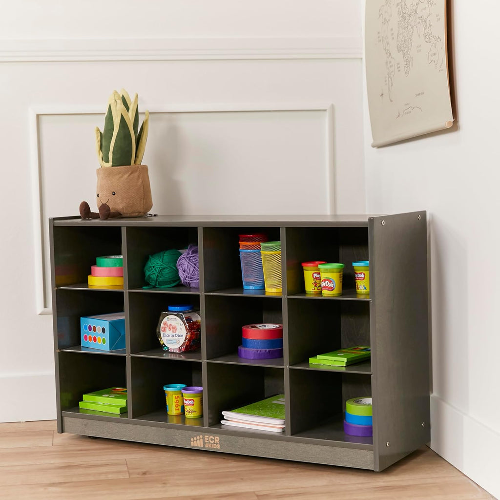 ECR4Kids 12 Cubby Mobile Tray Storage Cabinet, 3x4, Classroom Furniture, Grey Wash