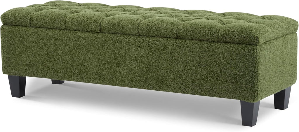 Christopher Knight Home Ottilie Boucle Fabric Storage Ottoman Bench, Wooden Rectangular Ottoman with Storage, Bedroom End of Bed Foot Stool, Entryway Ottoman Footrest, Living Room Extra Seat, Green
