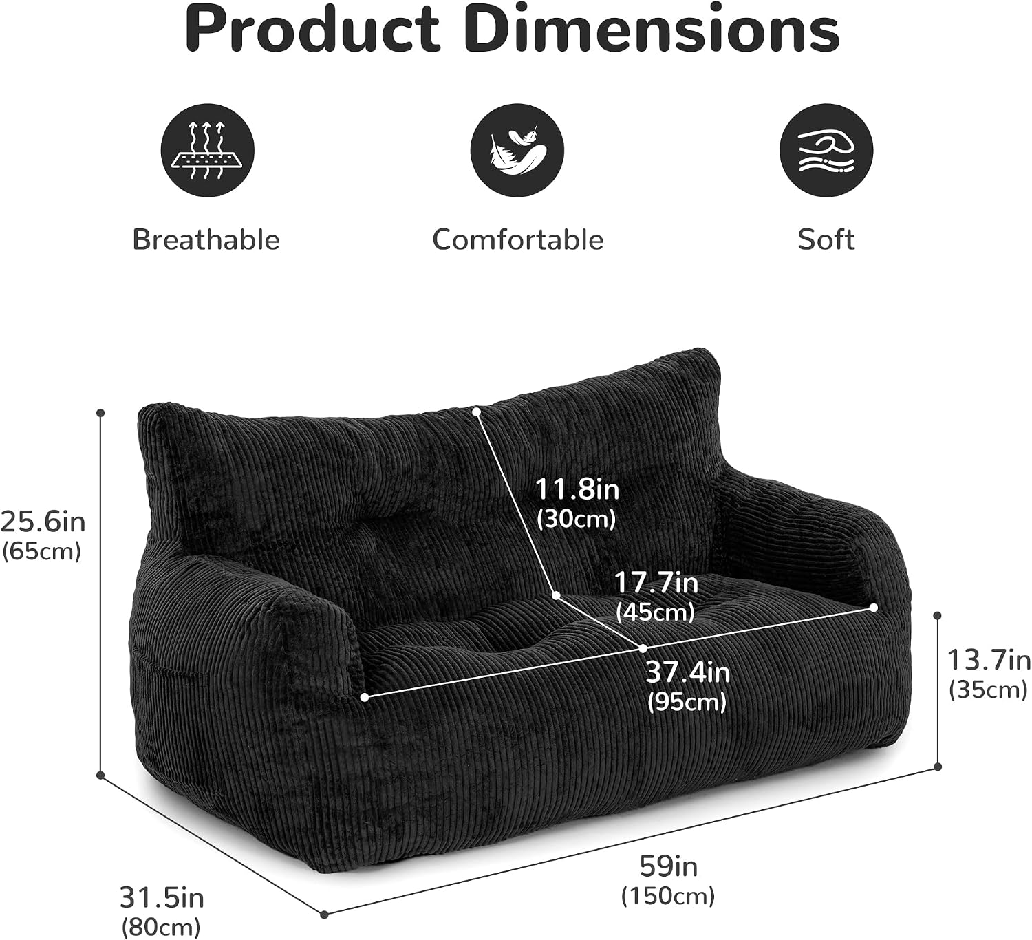 59' Bean Bag Chair,2 Seat Loveseat Sofa,Corduroy Lazy Sofa Bed for Adults,Fit Living Room, Bedroom,Outdoor Spaces,Ultra Soft Dutch Velvet,Fluffy Comfort Cover,Black