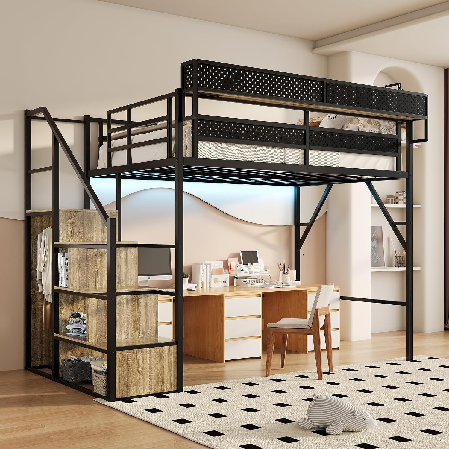 Full Size Metal Loft Bed with Storage Stairs, Wardrobe & Charging Station | Storage Shelve,Convertible Staircase,LED Lights, Solid Wood Stairs, Safety Guardrail, Noise-Free, No Box Spring Needed
