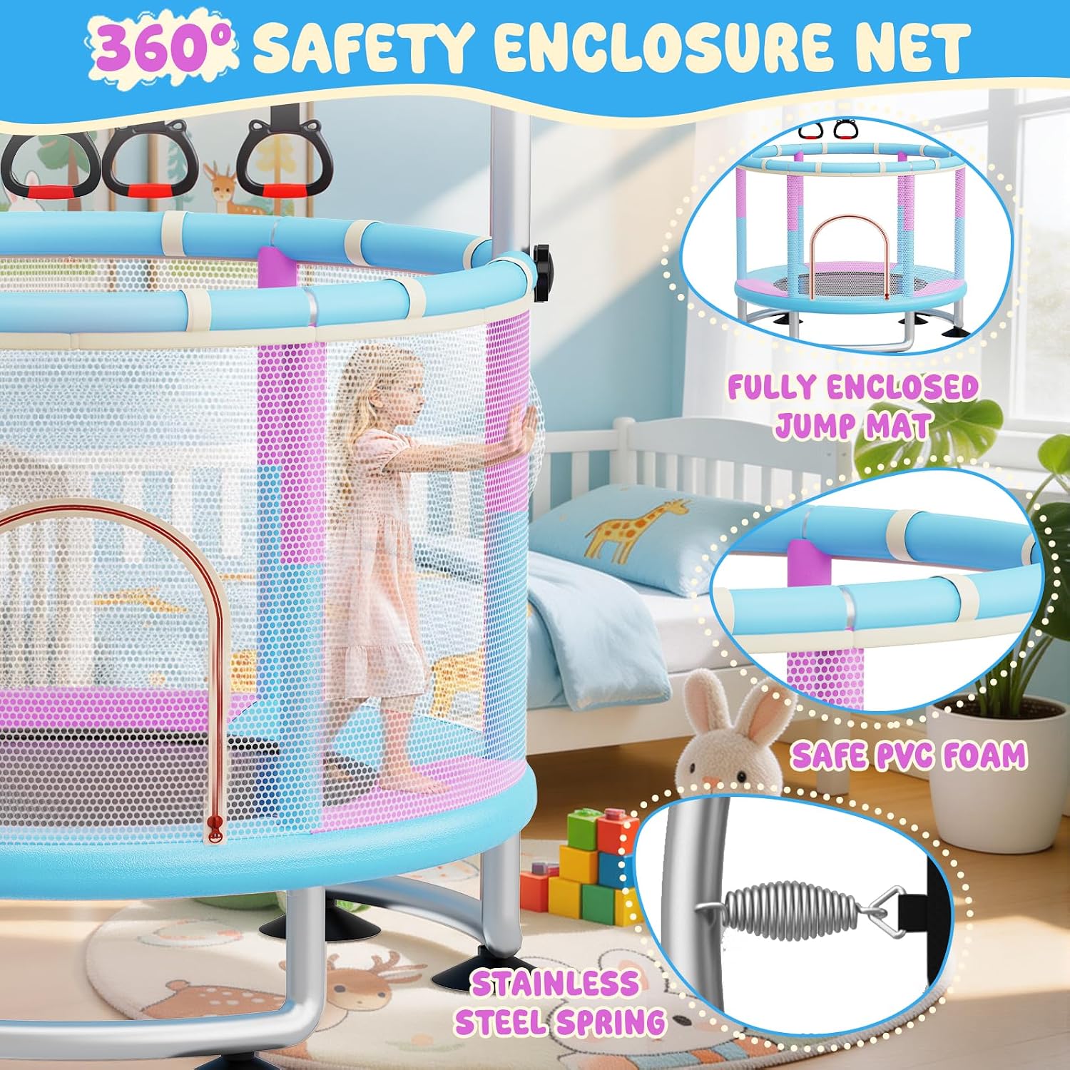 60' Toddler Trampoline for Kids,5FT Kids Trampoline for Toddlers 1-3,Upgrade Adjustable Kids Trampoline Indoor Outdoor,Mini Trampoline for Kids 2-5,500lbs Baby Small Trampoline with Net and Swing