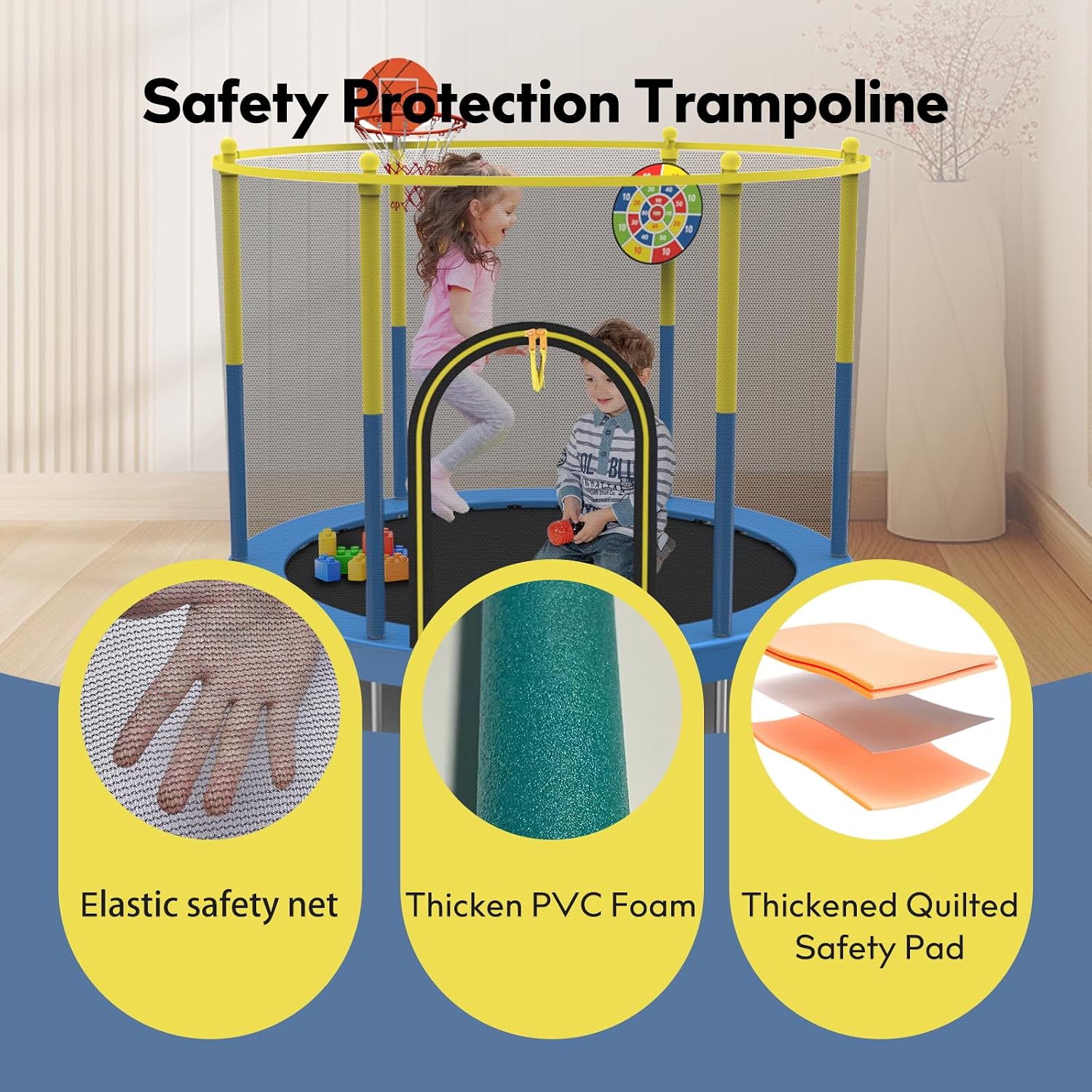 72' Trampoline for Kids with Net,6 FT Indoor & Outdoor Small Toddler Trampoline with Basketball Hoop & Dart Board for Ages 1-8, Birthday Gifts for Boys & Girls, Baby Toddler Christmas Toys
