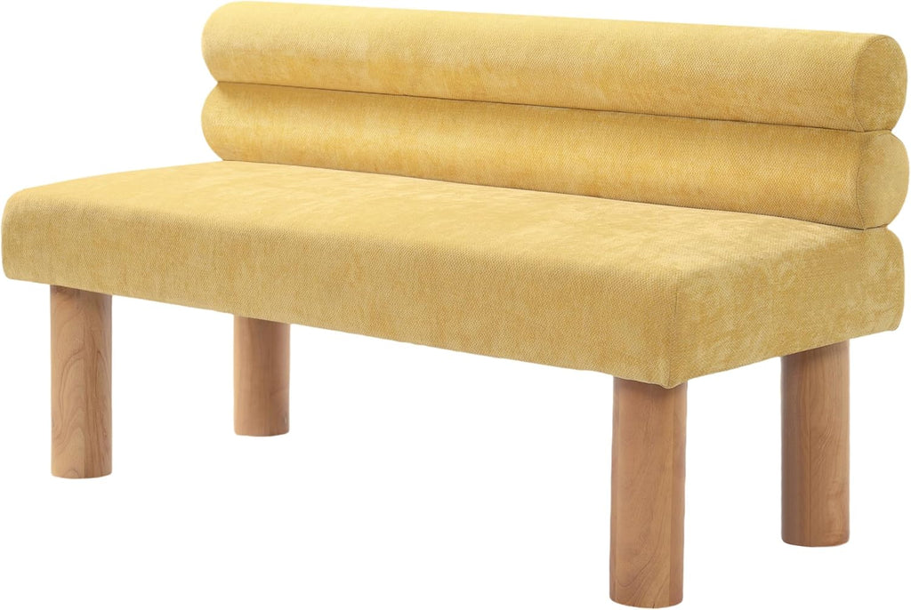 Christopher Knight Home Wally Fabric Upholstered Dining Bench, Long Dining Room Chair, Wooden Entryway Bench, Bedroom End of Bed Bench, Yellow+Natural
