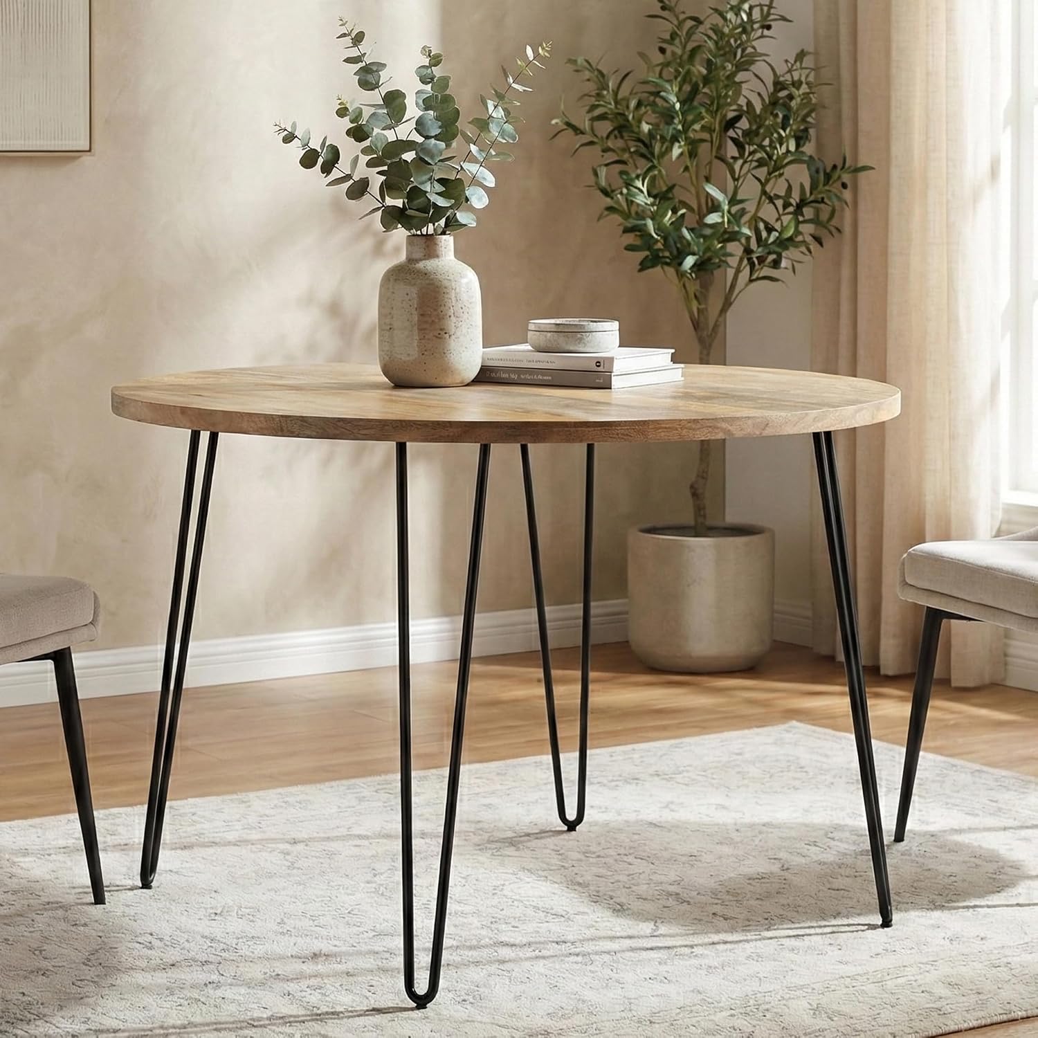 SIMPLIHOME Hunter Dining Table - 45 inch Wide Solid Mango Wood Round Table in Natural, Modern Industrial Style for Dining Room or Kitchen with Black Powder-Coated Iron Base and Hairpin Legs, Seats 4