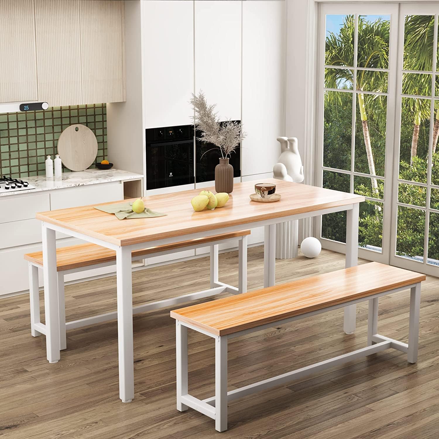 Dining Room Table Set with 2 Benches, Farmhouse Dining Table Set for 4, Wood Breakfast Dinner Table Set for Breakfast Nook Small Spaces, Beige