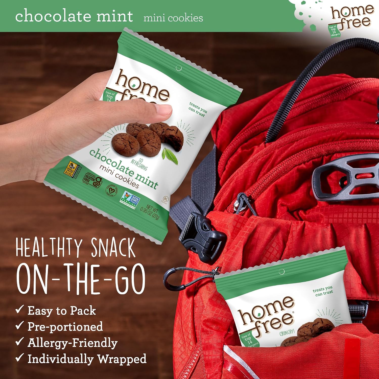 Homefree Chocolate Mint Mini Cookies, Gluten Free, Nut Free, Vegan, Individually Wrapped Packs, School Safe and Allergy Friendly Snack, 0.95 oz. (Pack of 64)