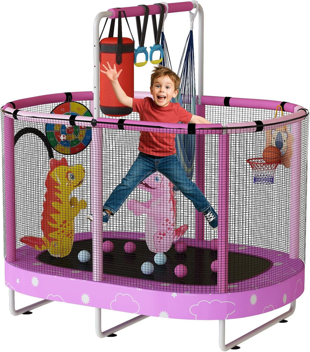 LAMERGE 55' 7-in-1 Round Trampoline for Kids Boys & Girls Ages 1-8, Indoor & Outdoor Trampoline for Fun, Adjustable Height Handrail ＆ Enclosed Safety Net ＆ Durable Designs for Toddlers Children