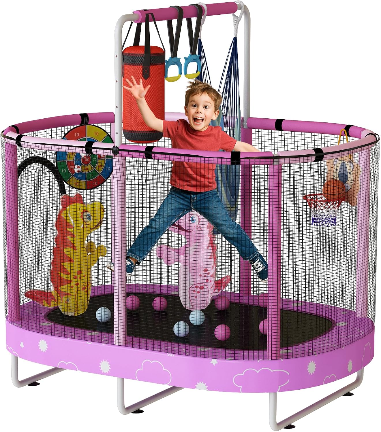 LAMERGE 55' 7-in-1 Round Trampoline for Kids Boys & Girls Ages 1-8, Indoor & Outdoor Trampoline for Fun, Adjustable Height Handrail ＆ Enclosed Safety Net ＆ Durable Designs for Toddlers Children