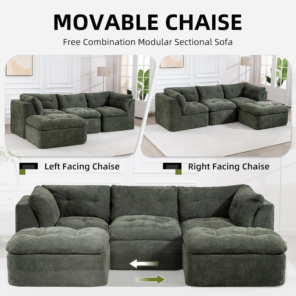 Tufted Cushions Cloud Sectional Boneless Sectional Sofa with Movable Ottoman, 112' Oversized Modular Convertible L Shaped Corner Couch with Deep Seat,Memory Foam Compressed Sofa