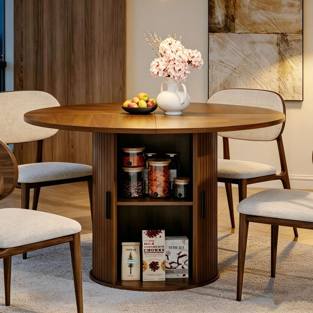 Garvee 47 Inch Round Dining Table for 4, Kitchen Table Dinner Table with 2-Layer Storage Shelf and Wood Slide Door for Home Dining Room Living Room