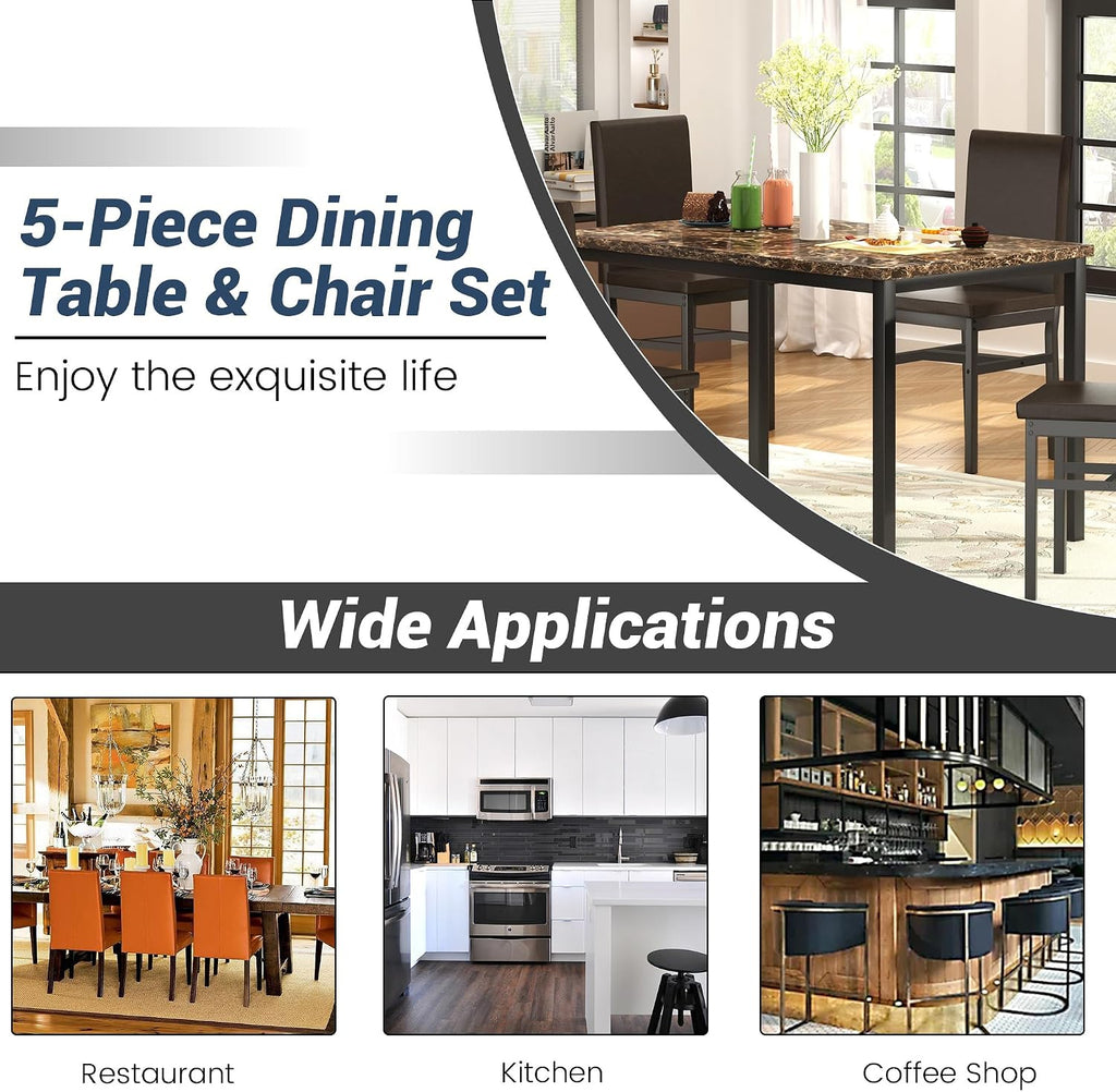 DKLGG Dining Table Set for 4, Modern Kitchen & Dining Room Sets Faux Marble Table with 4 Leather Chairs for Small Space, Home Kitchen, Apartment, Brown