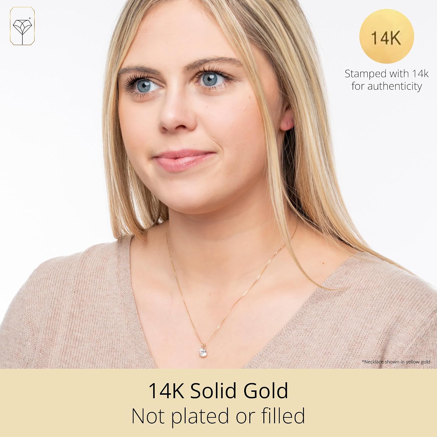 MAX + STONE 14k Gold 8mm Round Solitaire Cubic Zirconia Pendant Necklace for Women with 18 Inch Box Chain