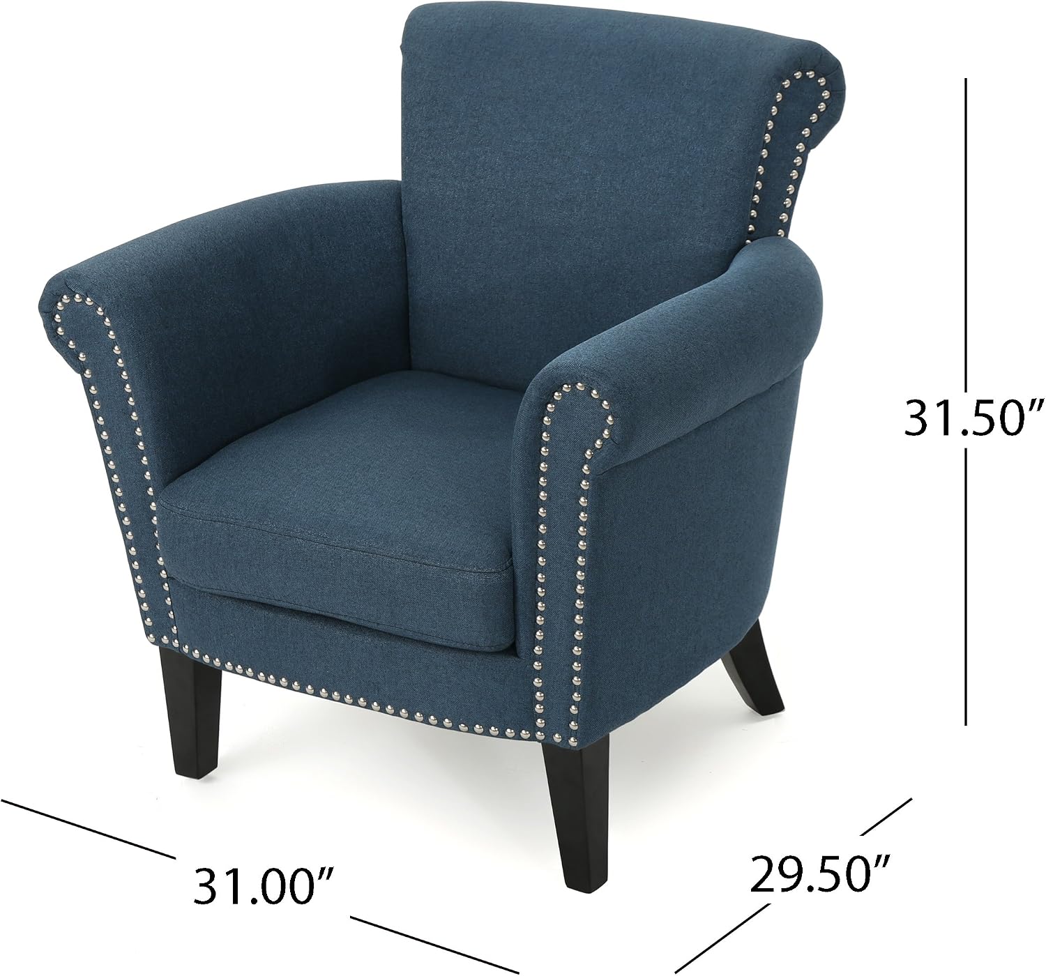 Christopher Knight Home Brice Vintage Scroll Arm Studded Fabric Club Chair, Navy Blue / Dark Brown 31D x 29.5W x 31.5H in