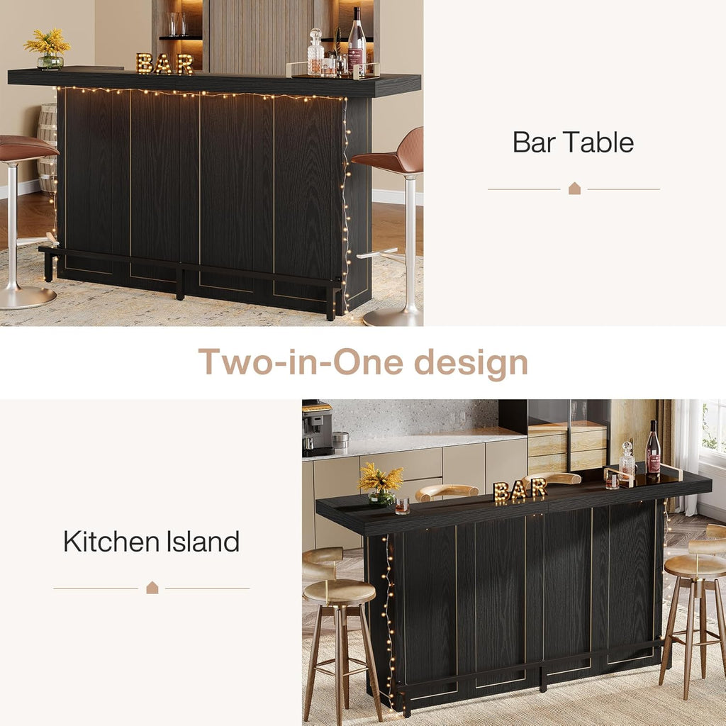 Tribesigns 4-Tier Bar Table, 70.9-Inch Large Wooden Home Bar Unit with Wine Glass Holder and Black Footrest, Pub Table with Storage Shelves for Dining Room, Living Room, Black