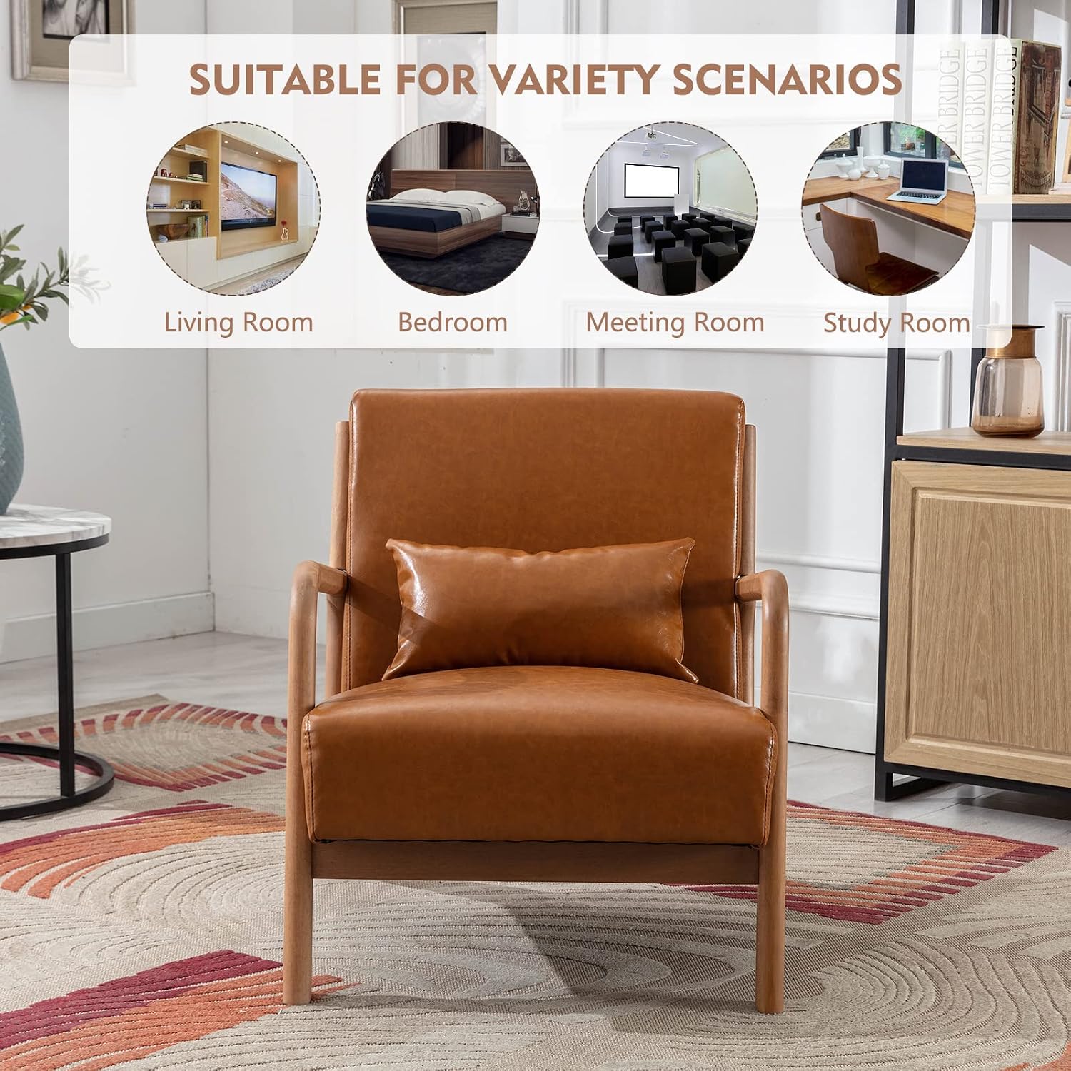 ANJ Mid Century Modern Accent Chairs Set of 2, PU Leather Reading Chair with Solid Wood Frame, Easy Assembly Armchair for Living Room