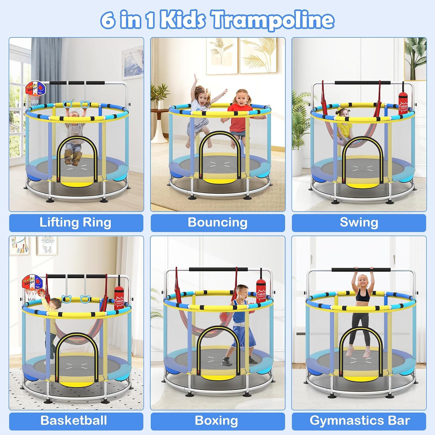 OLAKIDS 55' Trampoline for Kids, Indoor Outdoor Adjustable Toddler Trampoline with Safety Enclosure Net, Baby Recreational Trampolines with Basketball Hoop Hammock Boxing Bag Gymnastic Bar Rings