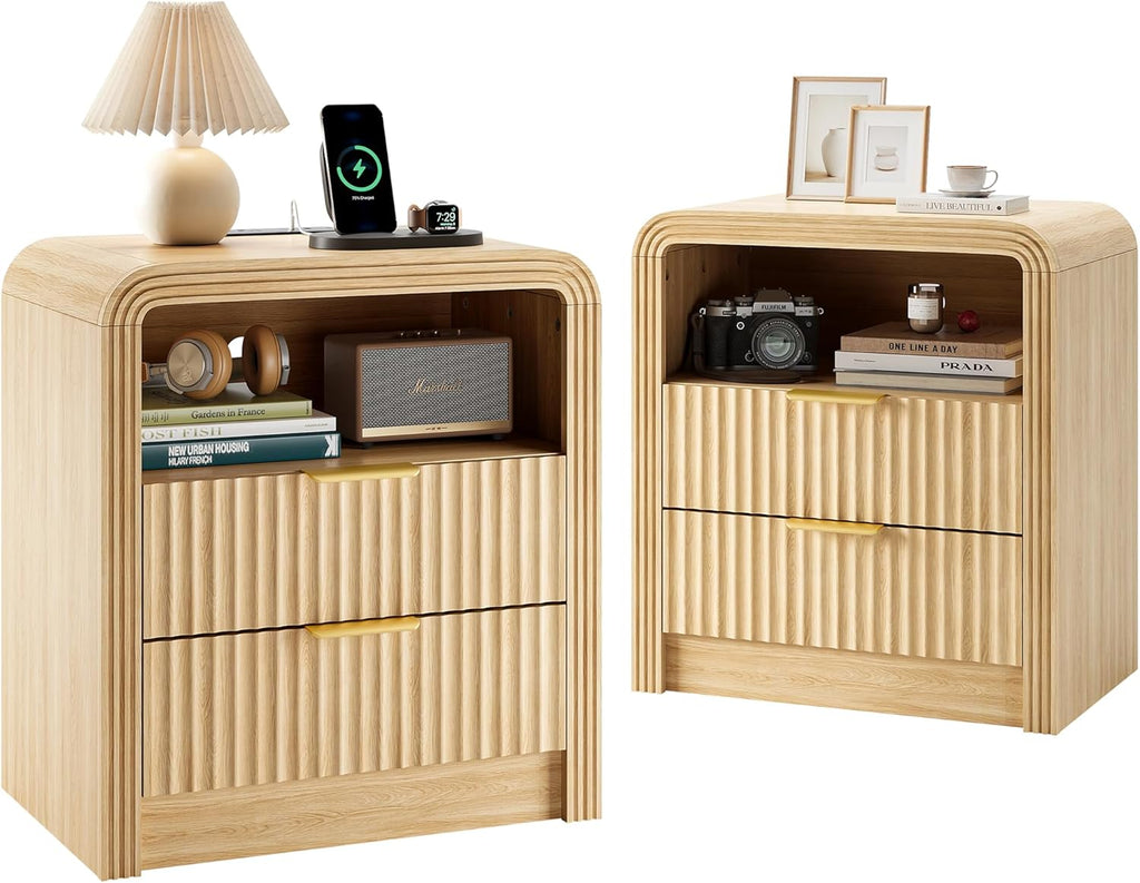 Decofy Fluted Nightstand Set of 2 with Charging Station, 19.7'' Wide Morden End Table with USB/Type-C Ports, 2 Drawers & Open Shelf, Curved Profile Design, Wood Bedside Table for Bedroom (Oak)